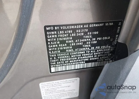 2010 Volkswagen Tiguan S из США, поврежденный, VIN WVGAV7AXXAW001094